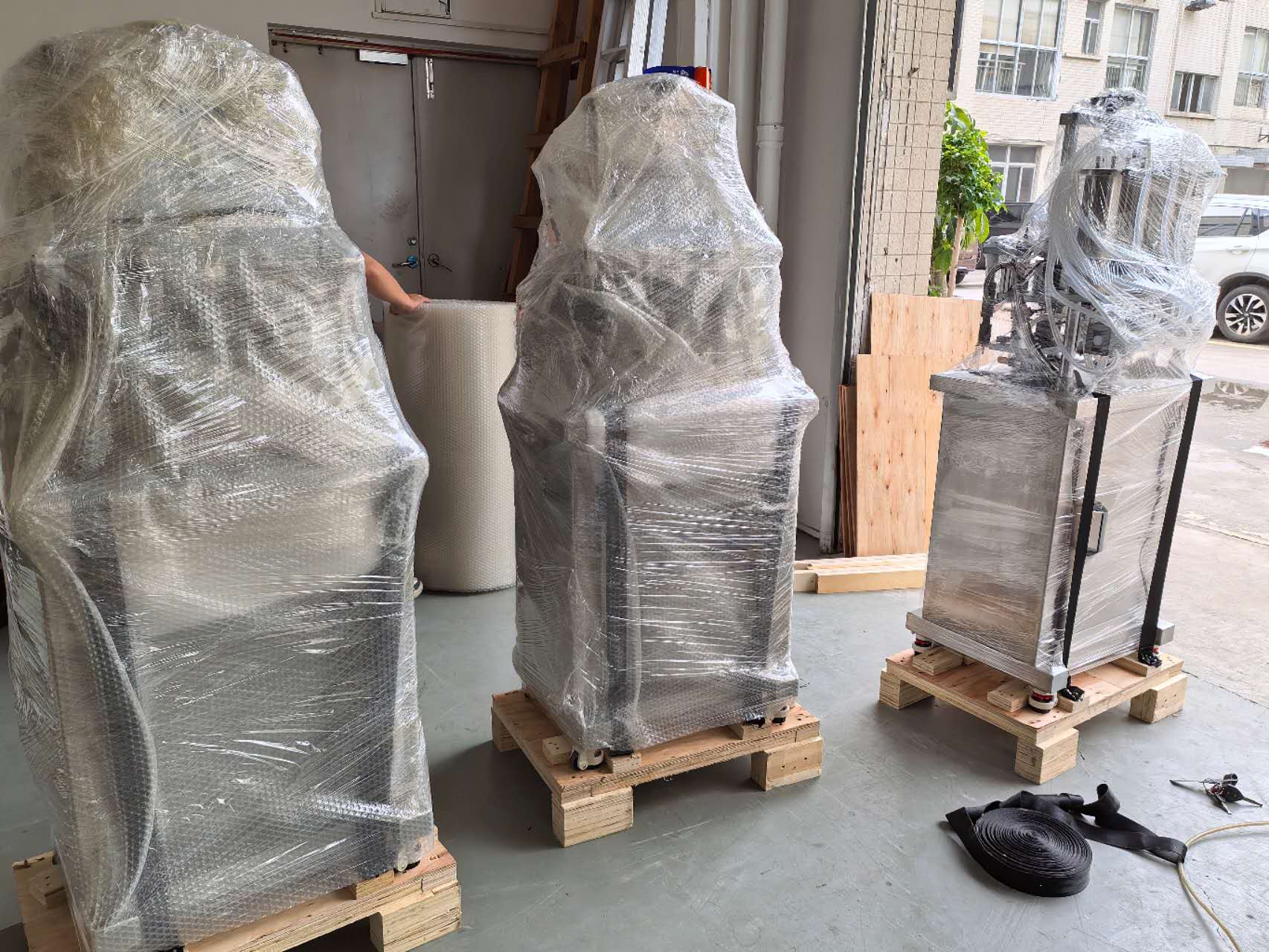 Ready to go!  The three perfume filling machines have been shipped.